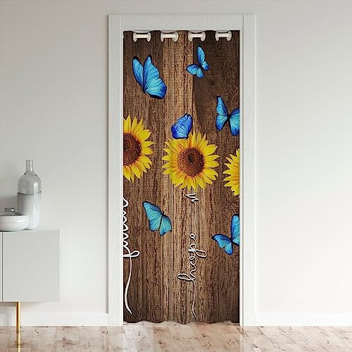 Loussiesd Sonnenblume Türvorhang 86x203cm Schmetterling Sonnenblume Vorhang Gelb Blumes Vorhang für Innentür Raumteiler für Schlafzimmer Wohnzimmer Holz Textur