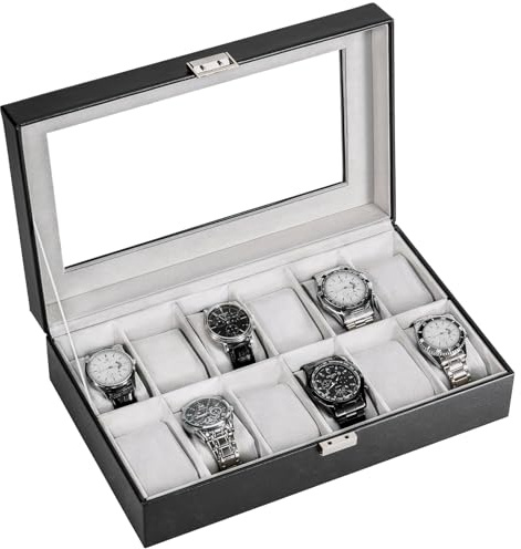 ProCase Klockbox organiserare för män, 12 spår klockdisplayfodral med glaslock, PU-läder klockförvaring herrklockfodral, klockhållare organiserare för män kvinnor – 12 fack, svart