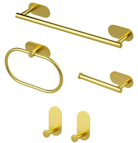 Sarsumir 5 Stück Badezimmerzubehör Kit - Handtuchhalter Ohne Bohren Edelstahl Handtuchhalter Gold Handtuchring für Bad & Küche