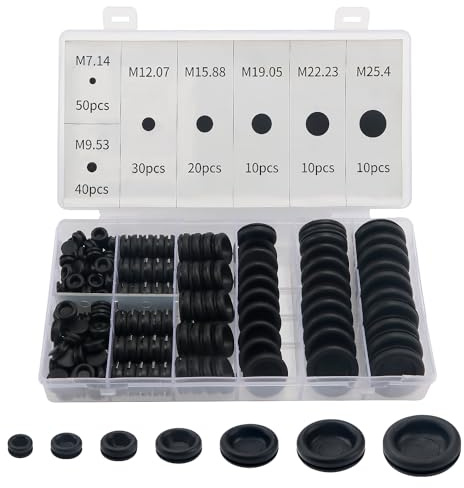 YIXISI 170 PCS 7 Sizes Rubber Grommets Kit, Conductor Gasket Ring Grommets, Black Rubber Hole Plugs Electrical Wire Gaskets, for Protecting Wires, Plugs and Cables