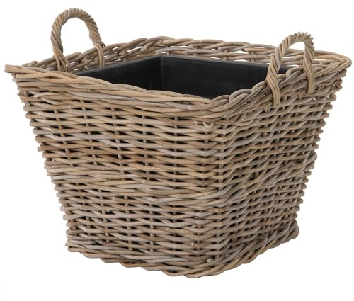 Kouboo Square Rattan Planter Basket with Handles 10 Gallon Capacity Plastic Pot Liner with Drain Holes Included No Saucer Indoor and Outdoor Use