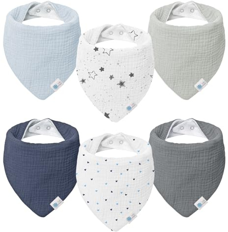 lulumoon Babero para Bebé, Muselina para Bebé,100% Algodón Transpirable pañuelo triangular para Niños y Niñas 6 Unidades,Estrellas