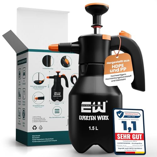 ExpertenWerk Drucksprüher 1,5L | Robuster & Präziser Pumpsprüher mit Überdruckventil & Verstellbarer Düse | Auslaufsichere Pumpsprühflasche, Pumpflasche für Auto, Haus, Garten & Reinigungsmittel