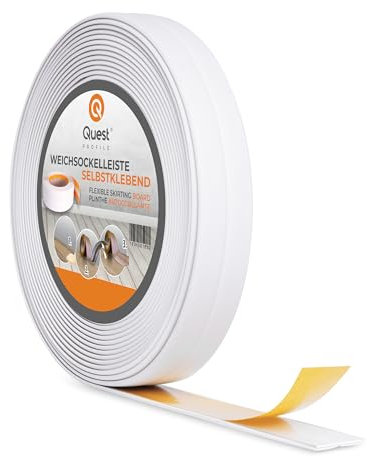 Quest Weichsockelleiste Selbstklebend - 10 mm x 10 mm - Knickleiste, Abschlussleiste für Küche, Badezimmer - PVC, Flexibel, Wasserdicht, Dekorativ - 5 Meter, Weiß