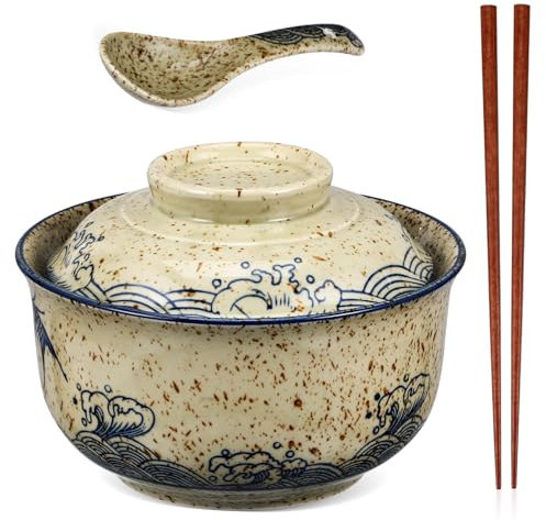 Ciieeo Servierschälchen Set Mit Deckel Aus Keramik Ramen Schüssel Set Mit Essstäbchen Und Löffel Für Suppen Und Instant Nudeln