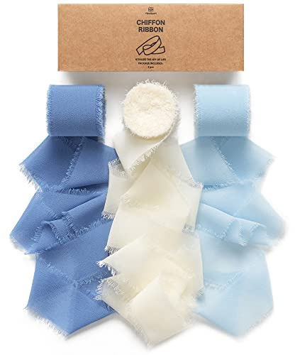 Vitalizart Geschenkband Blau & Weiß 3,8 cm x 19,2 m Schleifenband Breit | Chiffonband 6,4 m x 3 Rollen Stoffband Set für Hochzeitseinladungen, Brautsträuße, Geschenke, Verpackungen, DIY-Basteln