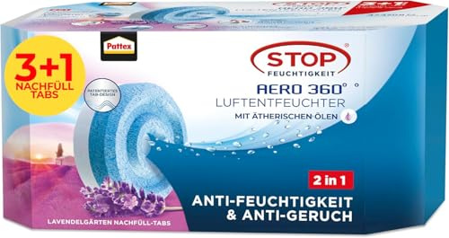 Pattex AERO 360° Luftentfeuchter Nachfüll-Tabs Lavendel, 3+1 x 450g | 2-in-1-Technologie mit ultra-absorbierenden Kristallen, hält bis zu 3 Monate, für Räume bis 20m², universell einsetzbar