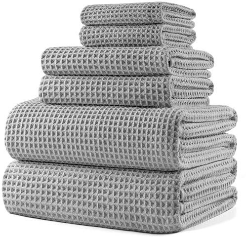 POLYTE 430 gsm Microfibre Quick Dry Lint Free Oversize Bath Towel Set, 6 Piece (Waffle Weave)