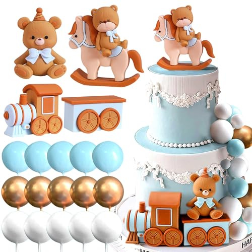 Luxury Blue Bear Cake Decorations Baby Bear Baby Shower Cake Topper Bears Train Cake Decoration Baby Shower Birthday Cake Decoration