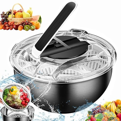 BLOSSS Edelstahl-Salattrockner, 3,5-Liter-Salatschleuder mit Pressfunktion, Doppelschicht-Salatwäscher, Sieb, Abtropfgestell und Dörrgerät zum Reinigen, Trocknen und Aufbewahren