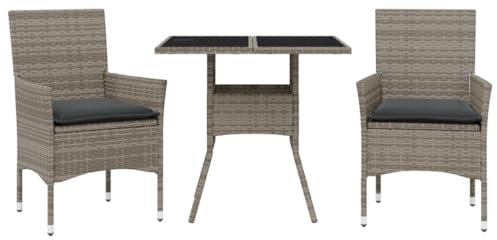HETFTJN Biergarnitur Bierzeltgarnitur Balkonmöbel Sitzgruppe Outdoor - 3-TLG. Garten-Essgruppe mit Kissen Grau Poly Rattan und Glas für Balkon Hof Restaurant Terrasse