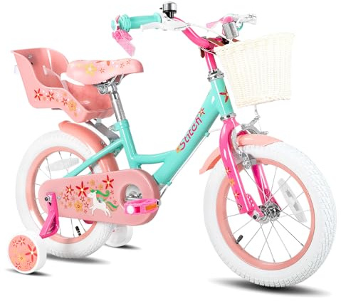 STITCH Unicorn 14 Inch Girls Bike for 3-5 Years Old Kids, 14 Inch Girls Bike with Basket & Doll Seat，Green