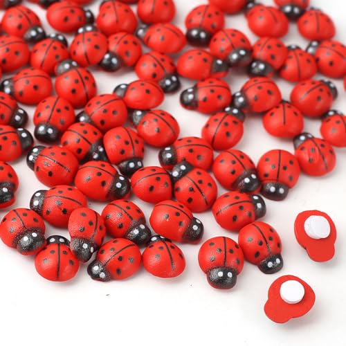 HERZONE 200 st lyckobaggar i trä 12 * 15 mm Självhäftande mariebagge - klistermärken för pyssel - lyckabringer - pysseltillbehör (bagge 12 * 15 mm)