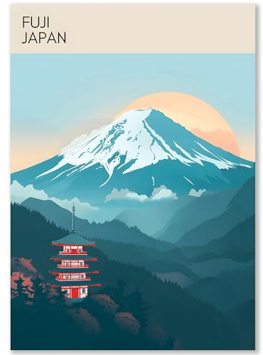 Happymotive Städteposter | Fuji Japan Retro Poster Vintage | Schlafzimmer Deko Bild im Hochformat | Bilder Wohnzimmer | Kunstdrucke in DIN A2, DIN A3, DIN A4 300g Papier ohne Rahmen