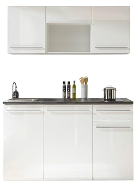 Stella Trading Jazz Single Moderne Küchenzeile mit Elektrogeräten in Weiß Hochglanz, Metallic Grau - Geräumige Einbauküche mit viel Stauraum - 160 x 212 x 60 cm (B/H/T)