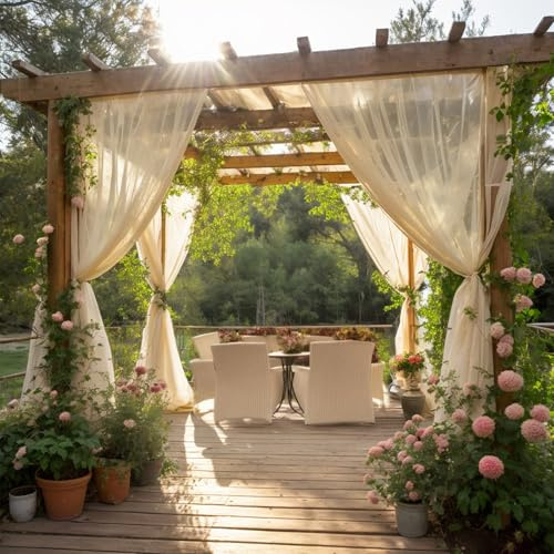 SK Studio Outdoor Vorhang Transparent Wetterfest 2 Stück Voile Gardinen Sonnenschutz Winddicht Außenvorhang Für Balkon Terrasse Wasserdicht, Beige, 160x305cm