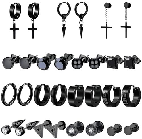 15 Paar Ohrringe Herren, Edelstahl Ohrstecker Herren Schwarz Piercing Creolen Ohrringe Hängend Modeschmuck Accessoire für Herren Damen