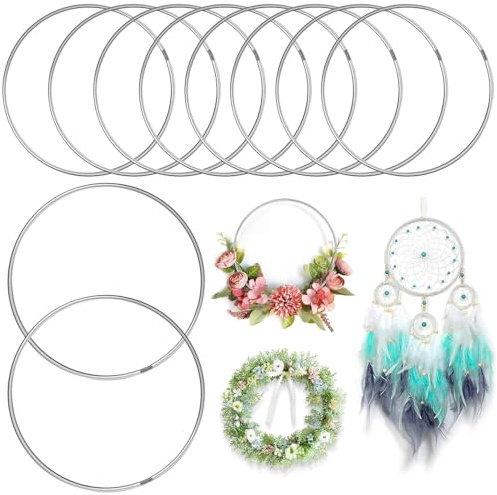 Metallringe zum Basteln, 10 Stück Deko Ringe zum Aufhängen, 20cm Metallring mit Fuß Traumfänger Ringe für Traumfänger Ring Floristik Wandbehänge Deko Blumen Reife(Silber)