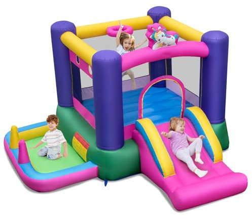 COSTWAY Kids Bouncy Castle, Inflatable Bounce House with Slide, Ball Pit, Basketball Hoop and Carry Bag, Children Blow Up Jumper for Indoor Outdoor (Unicorn without Blower)
