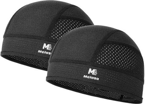 MELASA 2-Pack Cooling Skull Cap, Wicking Mesh Cycling Caps Under Helmet Summer Breathable Bicycle Motorcycle Sweat Hard Hat Liner Lightweight Wave Cap for Men and Women(Black&Black)