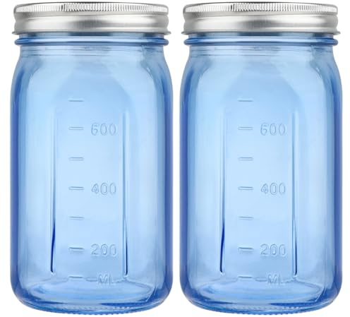 CARBLIN 32 oz (1000ml) Blue Wide Mouth Glass Mason Jars with Lids 2 Pack | Quart Canning Jars with Airtight Lids & Brush & Labels, 2 Pint Large Storage Decorative Containers for Preserving Jam