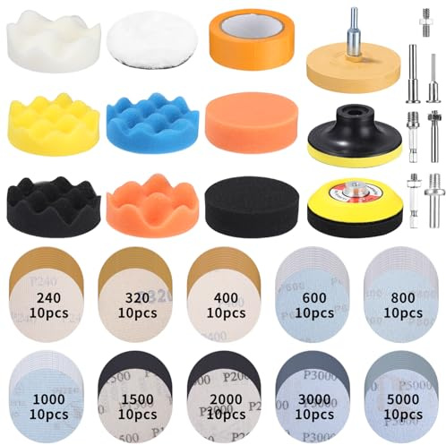 Ixydor 122 stycken poleringstillbehör sladdlös skruvdragare, 75 mm slipskivor våtslippapper, polerdyna svampar set, 80 mm poleringssvampar kuddar, bilsvampar dynor poleringsfäste för polering