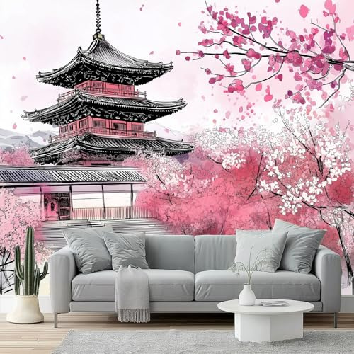 Carta Da Parati 200 x 140 cm Carta Da Parati Per Camera - Stile giapponese Tempio Fiori di ciliegio Progettazione del modello - Colore Da Letto Parete Non Tessuto Premium Stampa Decorazione Murale