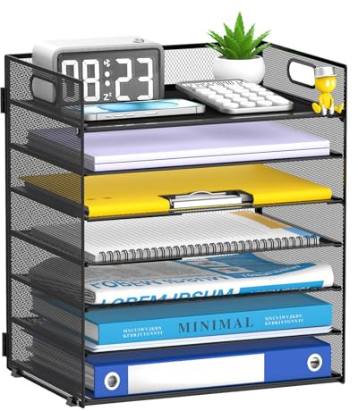 ReePlan Schreibtisch Organizer 7 Ebenen mit Griff – Metall Büro Ablagesystem für A4 Dokumente, Briefe & Bücher, Stabiler Papier Organizer für Schreibtisch, Home Office & Schule, Schwarz