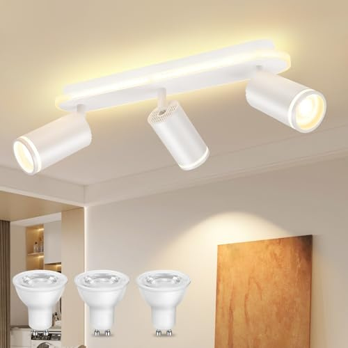 URing LED Deckenstrahler 3 Flammig Schwenkbar GU10 Deckenlampe Weiß | Deckenleuchte Strahler mit 3x 5W GU10 LED, Leuchtende Sockelschiene 3000K Warmweiß, Modern Deckenspot Lampe für Küche Flur