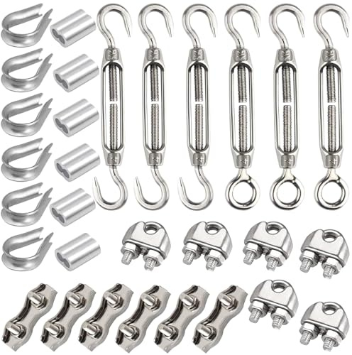 Cerkkapo 30 Stück 3mm Seilspanner Kit, M4 Seilspanner Edelstahl Set mit Spannschloss, ösen Schrauben, Crimpschlaufe,Kauschen,für 3mm Drahtseil, Zaunspanner/Drahtspanner,Wäscheleine