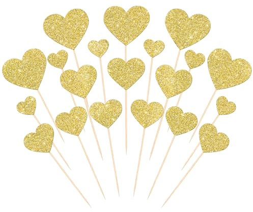 35 Stück Liebes Herz Tortendeko Glitzer Hochzeit Valentinstag Thema Kuchen Deko Mehrere Größen Liebes Herz Cupcake Toppers für Verlobung Braut Dusche Geburtstag Party Kuchen Dekorationen Gold