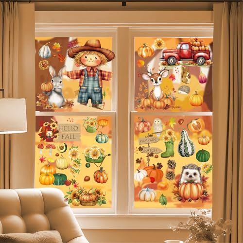 9 Stück Fensterbilder Herbst, Kürbis, Hirsch, Kaninchen Herbstdeko Fenster Selbstklebend Aufkleber, Fensteraufkleber Herbstliche Blätter Geeignet für Thanksgiving Herbst Deko Fenster Aufklebe