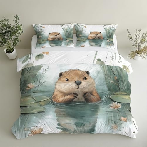 Cartoon Otter Duvet Cover Full, Cute Kids Beaver Bedding Set, Zipper Closure Plant Lotus Leaf Flower Comforter Cover, Cartoon Animal Quilt Cover + 2 Pillowcases, Home Decor GHF22sJ