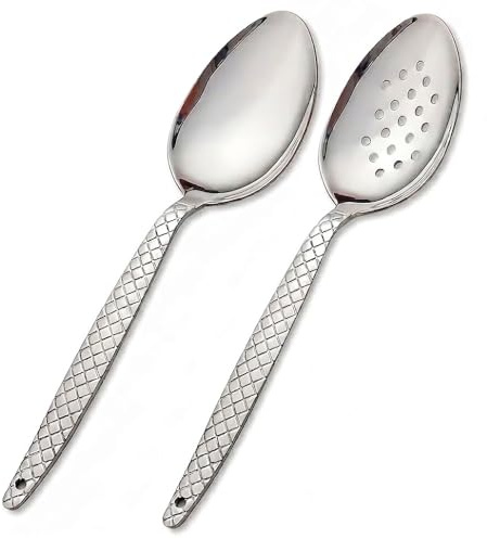 BNAZIND Chef Kunz Spoon | Pack of 2 | 9 inch 18/10 Stainless Steel Silver Plating Spoon | Non-Slip Grip Spoons for Basting, Quenelle, Serving, Sauces (Medium 2, kunz Spoon Set (2 piece)