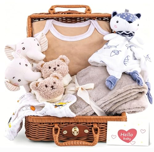 Baby Geschenk Jungen Neugeborenen Geschenk | mit Strampler, Schmusetuch, Lätzchen, Socken, Rassel, Grußkarten in Geschenkbox, Baby Geburt Geschenk