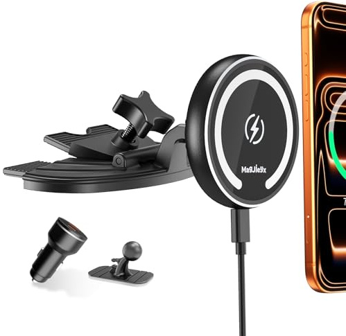 MAGJIEYX für Magsafe Autohalterung mit Ladefunktion, 15W Schnellladen Handyhalterung Auto CD Schlitz mit QC 3.0 Autoladegerät Starke Magnetkraft für iPhone 16 15 14 13 12 Serie Auto Zubehör Schwarz