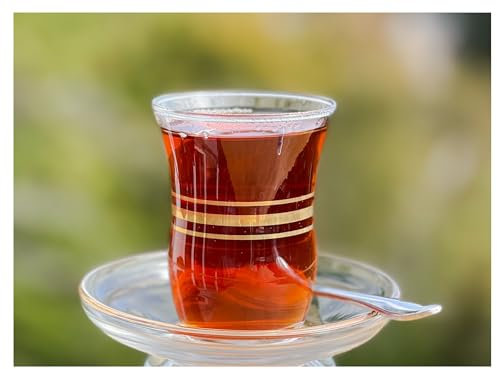 Topkapi - Lot de 18 Verres à thé Turc Leyla Sultan avec décor doré, 6 Verres à thé, 6 sous-Verres, 6 cuillères à café