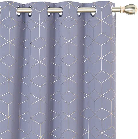 Deconovo Functional Noise Reduction Curtains, Eyelet Curtains, Gold Diamond Printed Blackout Curtains for Kitchen, 52 x 45 Inch(Width x Length), Light Purple, One Pair