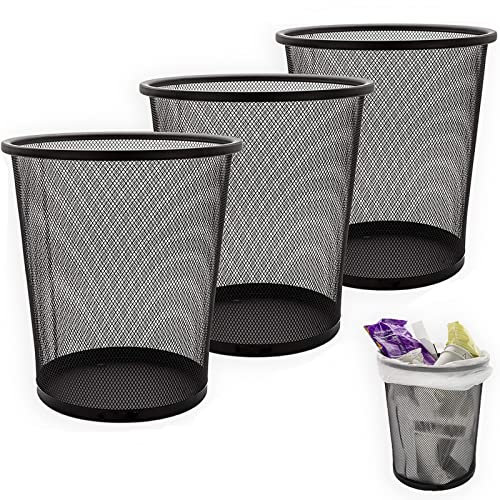 SENENQU 3 Pezzi Cestino Ufficio Metallo Nero, 12L Cestini Ufficio Griglia Metallo, Piccolo Cestino Spazzatura Ufficio per Scrivania Camera da Letto Bagno - 26.5 x 23.5 x 18.8 CM​​