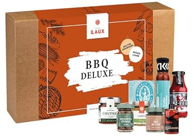 LAUX BBQ Deluxe Set | Geschenkbox mit 8 Gourmet BBQ-Spezialitäten | Grill Zubehör Aus Hochwertigen Zutaten | Geschenkidee zu Muttertag & Vatertag