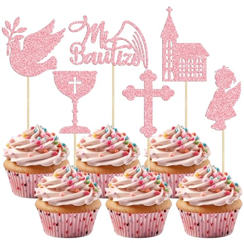 Gyufise Paquete de 24 adornos españoles para cupcakes Mi Bautizo con purpurina, cruz de ángel, paloma, iglesia, niña, bautizo, para fiesta religiosa, Dios bendiga, baby shower, niños, cumpleaños,