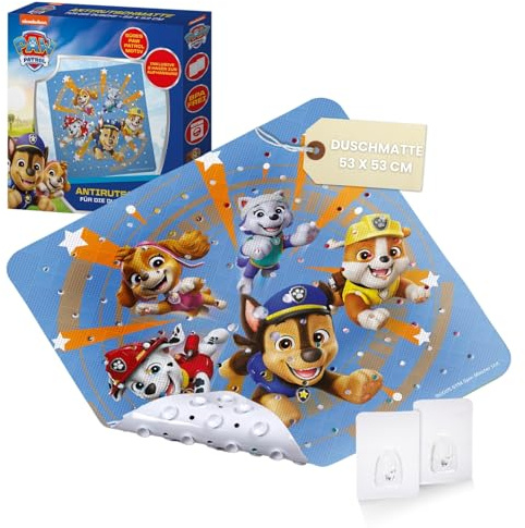 PAW Patrol rutschfeste Duschmatte für Kinder - Anti Schimmel Duscheinlage Fans, antibakteriell, mit Saugnäpfen, Aufhängern und Ablauflöchern, 53x53cm
