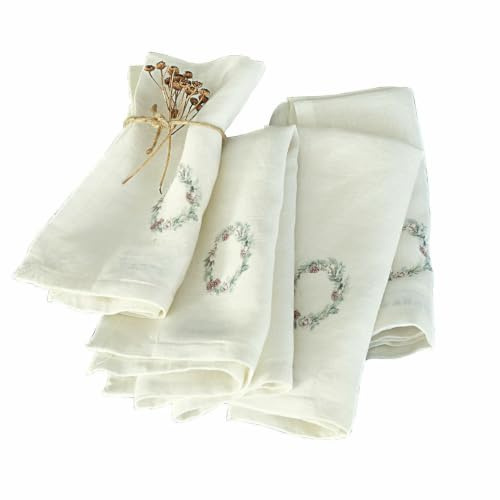 LOBERON Serviette 4er Set Torge, mit Print eines Tannenzweig-Kranzes, Weihnachtsdinner, Weihnachtliche Textilien, Weihnachtstischdeko, Weihnachten, Leinen, weiß
