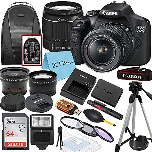 Canon EOS 2000D / Rebel T7 DSLR Camera with EF-S 18-55mm Zoom Lens + SanDisk 64GB Memory Card + Tripod + Case + Wideangle Lenses + ZeeTech Accessory Bundle (20pc Bundle) (Renewed)