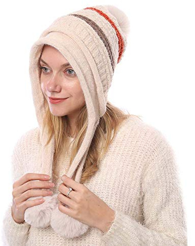 Kangqifen Damen Winter Gestreifte Fleece Gefüttert Warme Strickmütze Bommelmütz Gestrickte Mütze mit Ohrenklappen 3 Pompon