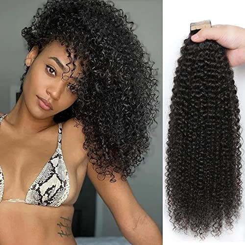 YDDM 20 Zoll Tape Extensions Echthaar 40 StüCk 100g Schwarz Kinky Curly Tape In HaarverläNgerung Echthaar Schwarze Frauen Tapes Unsichtbare Extensions Echthaar Tape Extensions Echthaar