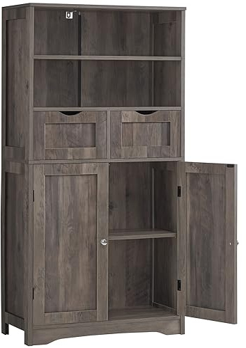 Iwell Tall Storage Cabinet with 2 Drawers & Adjustable Shelf, Bathroom Cabinet with Doors, Kitchen Pantry Storage Cabinets, Cupboard for Living Room, Dining Room, Entryway, Rustic Gray