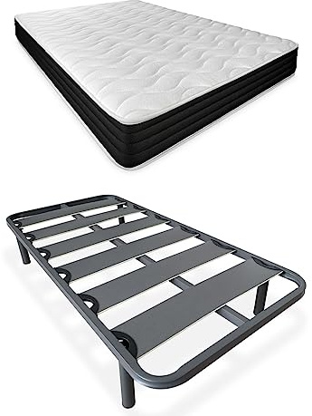 DUÉRMETE ONLINE Letto completo con materasso Pocket Visco reversibile (lato inverno/estate) + rete rinforzata 40 x 30 mm con gambe metalliche filettate, acciaio legato, grigio, 90 x 190