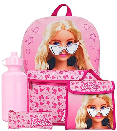 Barbie 4 Piece School Bag Set - Girls Backpack, Lunch Bag, Water Bottle & Pencil Case - Official Merchandise - Pink
