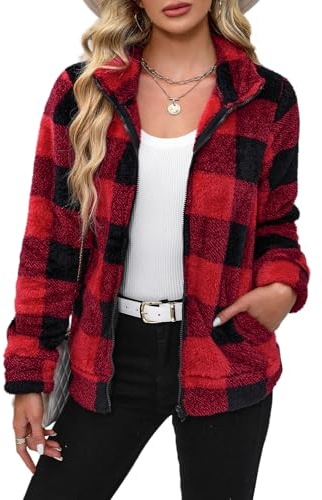 BesserBay Sudadera de mujer de forro polar Teddy, sudadera completa con cremallera y cuello alto, de forro polar, tallas S-XXL, A cuadros rojos y negros, S